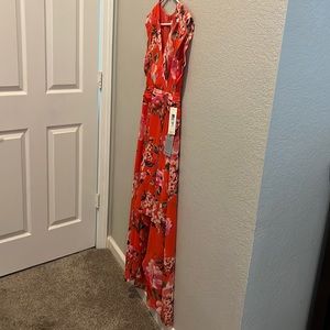Eliza J. hi-low hem full length dress. Orange floral pattern, size 6P, NWT.